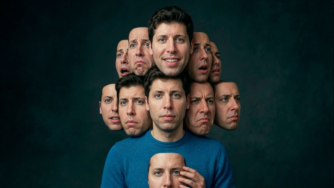 Sam Altman surrounded by masks of his own face — visual by David Szauder, generated using AI