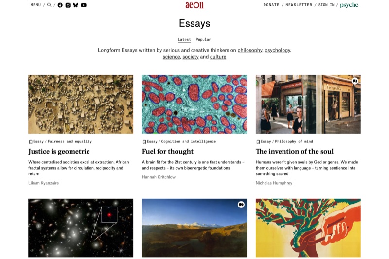 Homepage crop of Aeon (aeon.co/essays) showing long-form web editorial with a sustained reading column across essay listings.