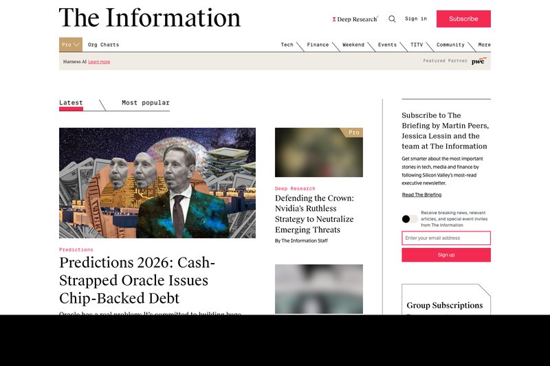 Homepage crop of The Information (theinformation.com) showing dense investigative journalism in a tight editorial structure.
