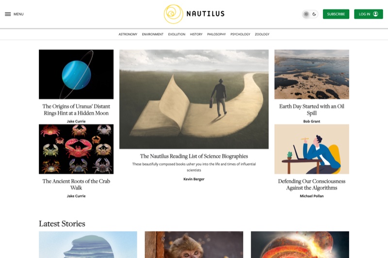 Homepage crop of Nautilus (nautil.us) showing illustrated science editorial with image and type tightly integrated.