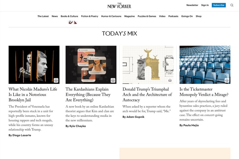 Homepage crop of The New Yorker (newyorker.com) showing editorial masthead, a featured article with restrained serif display type, and the publication's measured grid.