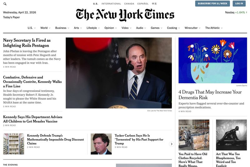 Front-page crop of The New York Times (nytimes.com) showing the Gothic masthead, multi-column editorial layout, and tight photo-type integration — the same display-typography discipline the Magazine inherits at section level.