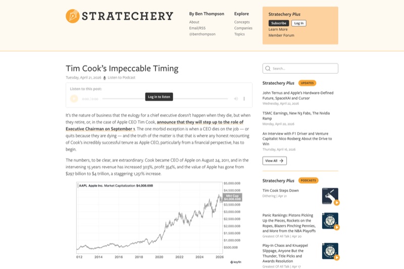 Article page crop of Stratechery (stratechery.com) by Ben Thompson showing a single typeface, one accent color, and a disciplined editorial hierarchy.
