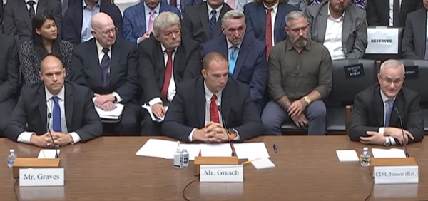 The three witnesses (Graves, Grusch, Fravor) testifying before the House Oversight subcommittee, July 26, 2023