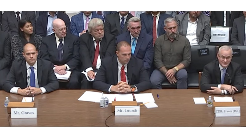 Witnesses David Grusch, David Fravor, and Ryan Graves testifying before the House Oversight subcommittee, July 26, 2023